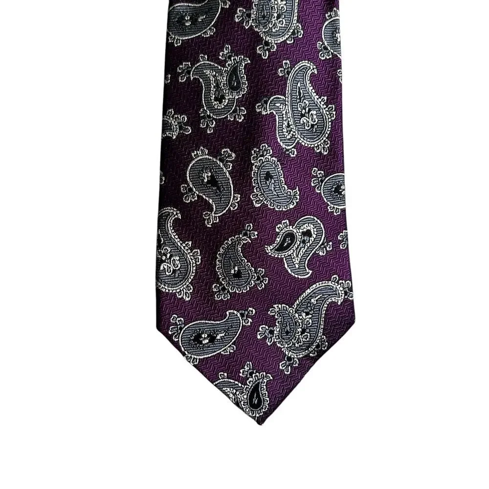 Jos. A. Bank Signature Collection Tie Purple Grey Paisley 100% Silk Long Necktie